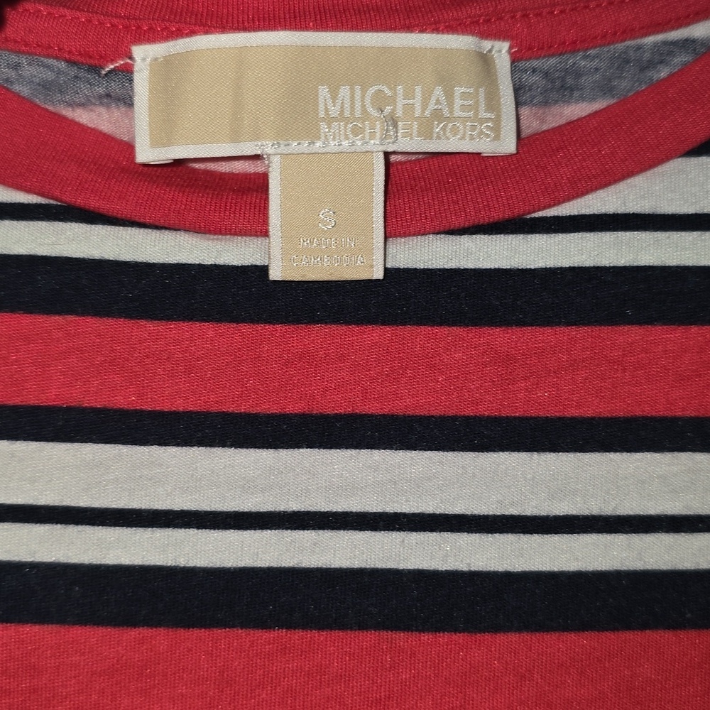 Michael Kors Navy And Coral Striped Short Sleeve Tee - Picture 2 of 6